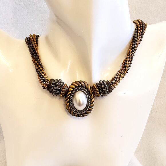 None and/or Unknown Jewelry - Vintage Multi-strand Black Silver Gold Colored Necklace Faux Pearl, Magnet Clasp